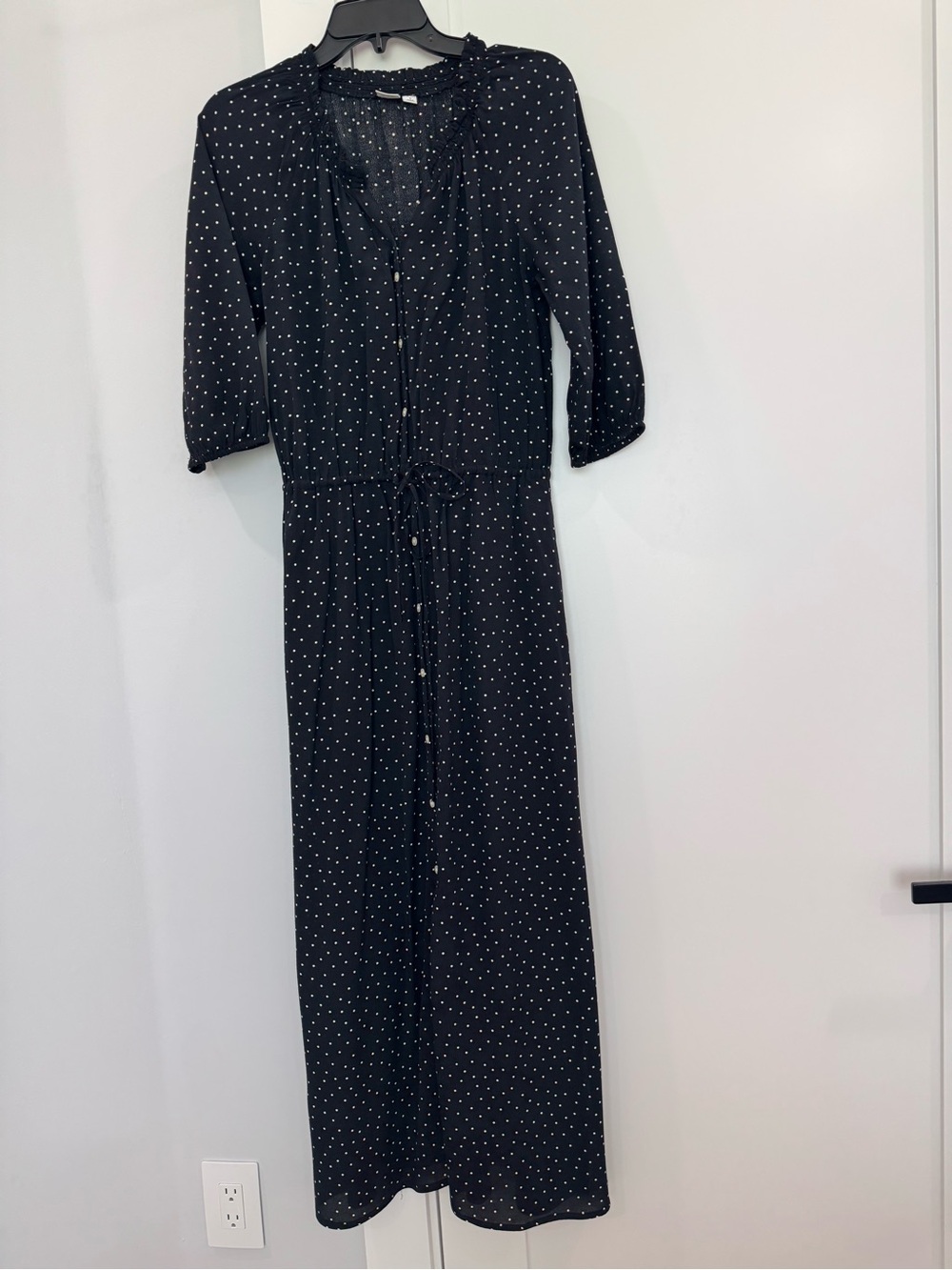 Gap Women’s Black Polka Dot Maxi Dress Drawstring Waist Button Down Straight S